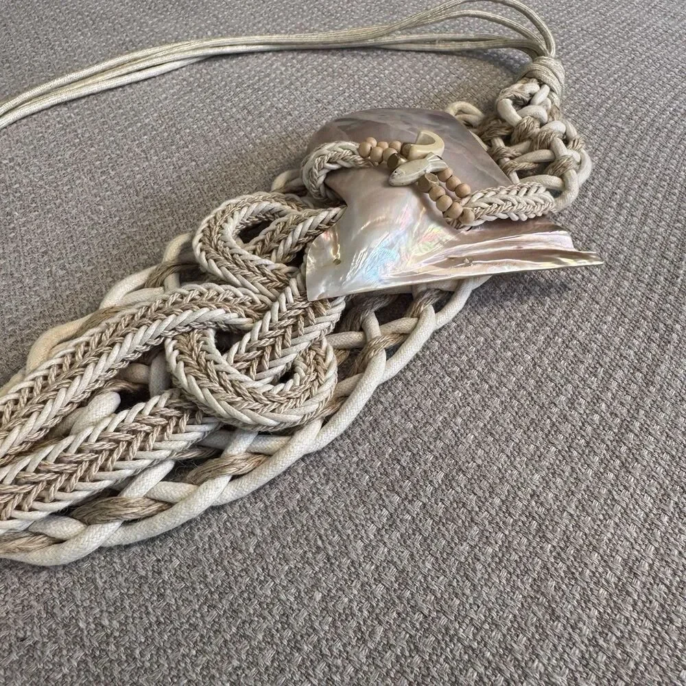 Vintage Braided Cord Macrame Abalone Shell Belt Artsy Boho Mermaid Coastal 543